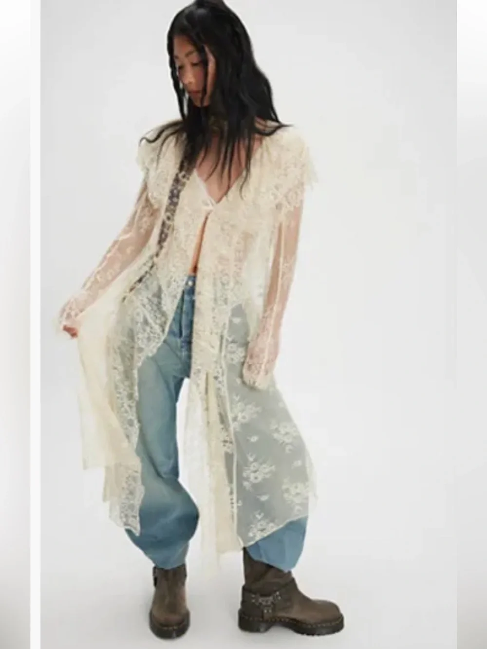 Free People x Nigel Preston Maud Lace Duster Sheer Hi-Low Ruffle NWT One Size - Picture 4 of 11